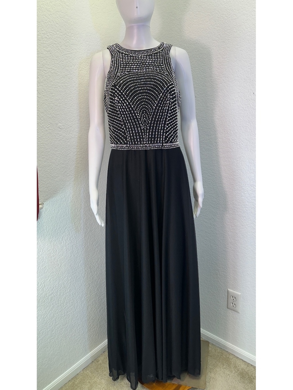 VTG 1980s Women’s Sz 8 Cache Black Gown Silver Beading Punk Goth Edgy Prom